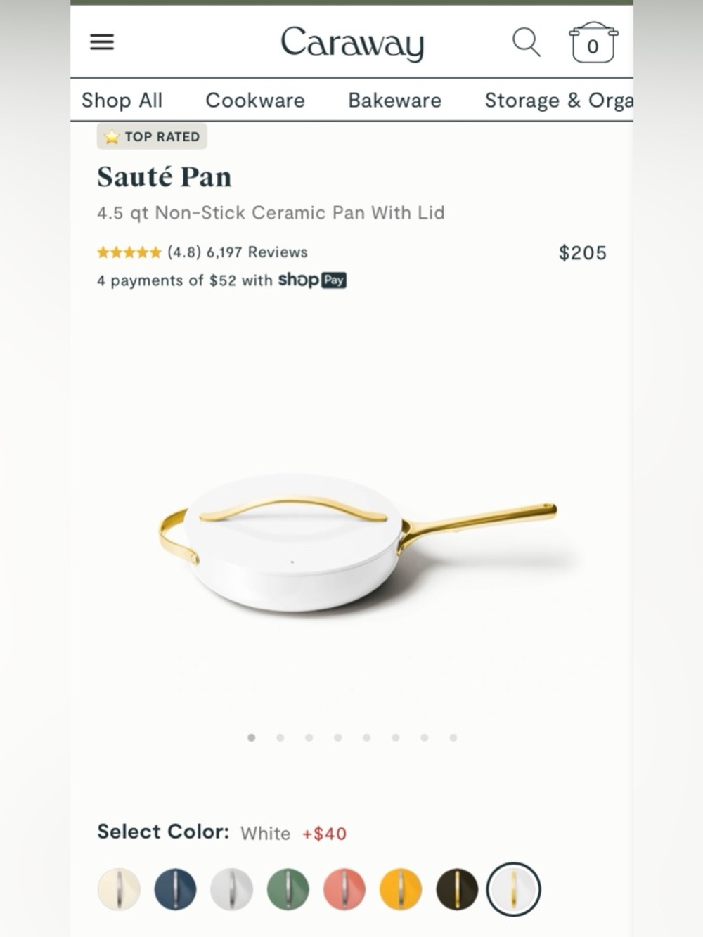 Caraway 4.5 Qt Nonstick Ceramic Sauté Pan w/ Lid White Gold Handle